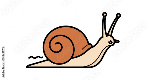 Cartoon snail with brown shell and beige body moving slowly on white background