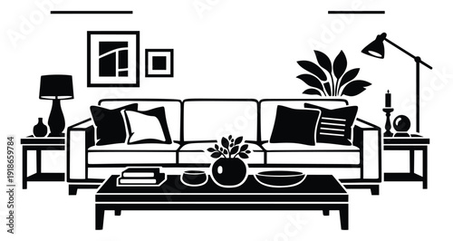 Modern graphic set featuring a sofa, coffee table, lamps, plants, and decorative items for interior design concepts