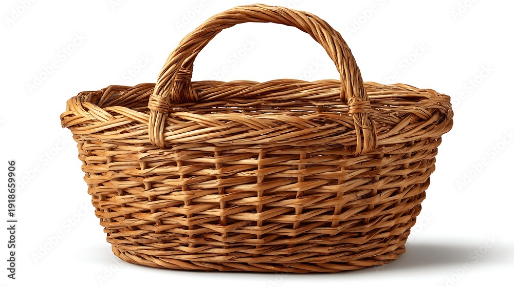 Obraz premium Woven wicker basket with handle on white background