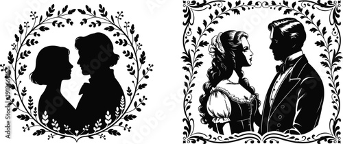 Black vector silhouette and outline set of romantic couples in vintage floral wreaths and frames for wedding invitations anniversary cards and elegant bridal branding