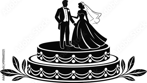 Black vector silhouette of a bride and groom standing on top of a large tiered wedding cake with decorative swags for marriage branding