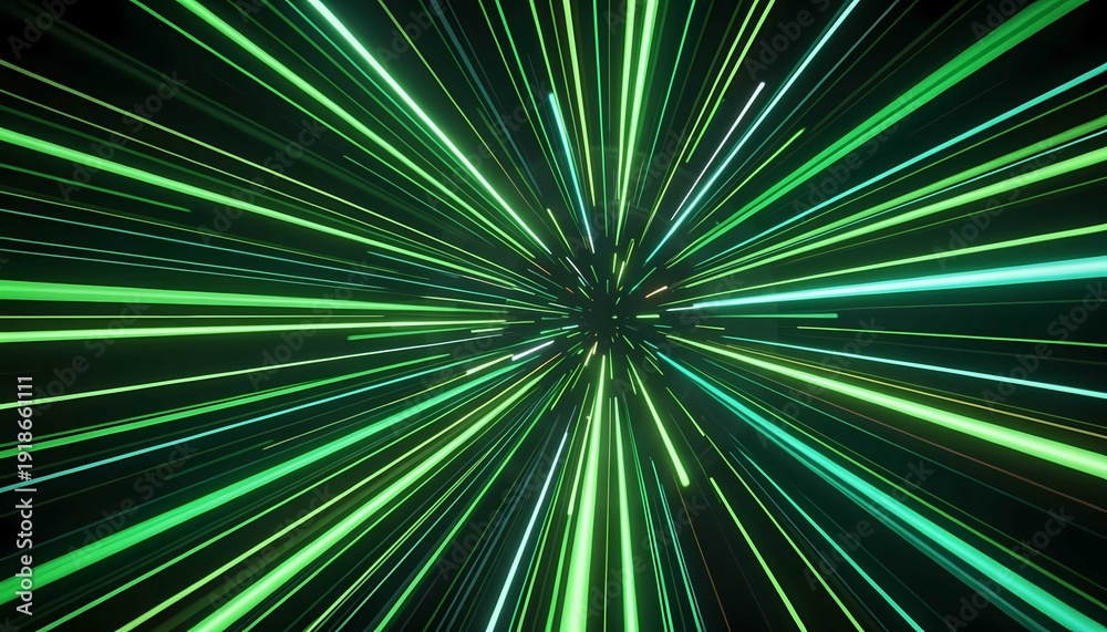 Fototapeta premium Green futuristic tunnel with glowing speed lines and motion energy