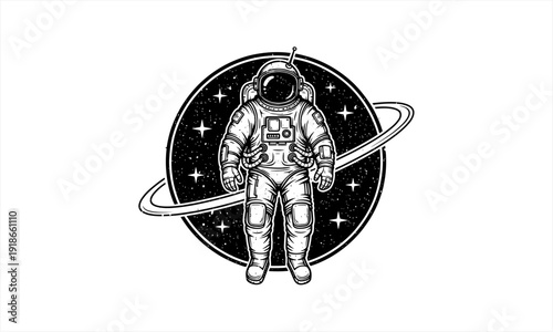 Astronaut standing in front of a planet with rings and stars in space.