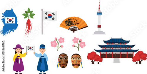 South Korea culture vector illustration set, Korean traditional symbols, hanbok characters, Seoul tower, cherry blossom, flag and heritage elements collection