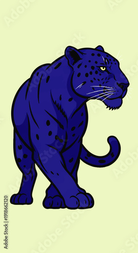 Striking illustrative depiction of a majestic blue panther, capturing its powerful and graceful walk, symbolizing strength, mystery, and a unique presence in the wilderness
