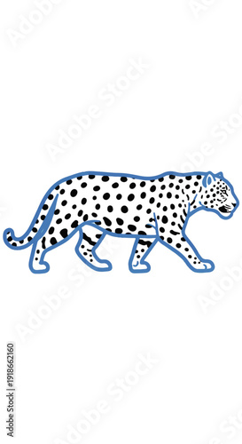 Striking graphic illustration of a walking leopard with a bold blue outline and distinct black spots, perfect for wildlife themed designs and animal iconography and branding