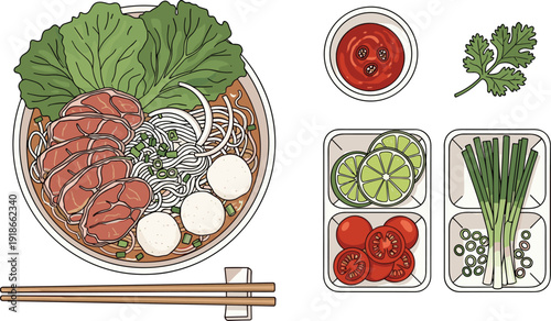 Vietnamese pho noodle soup bowl with beef slices herbs lime chili sauce ingredients top view traditional Asian cuisine vector illustration
