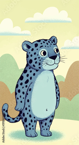 Whimsical Blue Spotted Leopard Cartoon Character Illustration Standing Peacefully in a Serene Nature Landscape