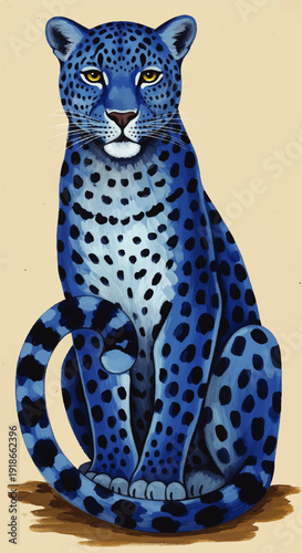 A striking blue leopard illustration with yellow eyes sits elegantly against a muted background, showcasing its spotted coat and curled tail