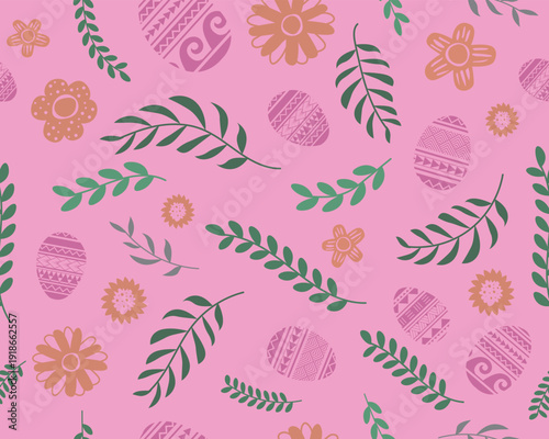 Easter Egg Plants Floral Flower Spring Seamless Pattern Background Pink