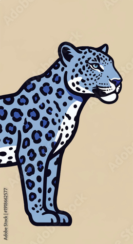 A stylized illustration of a blue leopard with dark spots against a beige background, featuring a clean, graphic design aesthetic