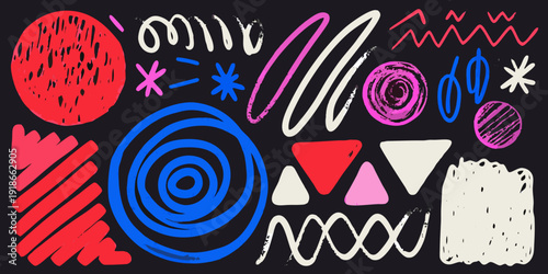 Colorful abstract shapes and lines on a dark background