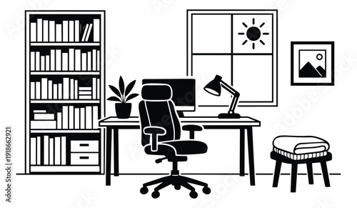 Minimalist line art illustration of a home office depicting an ideal workspace for remote work and study