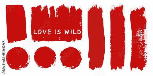 Red brushstrokes and text reading love is wild on a white background