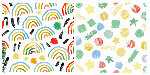 Colorful childlike drawing of rainbows stars and geometric shapes