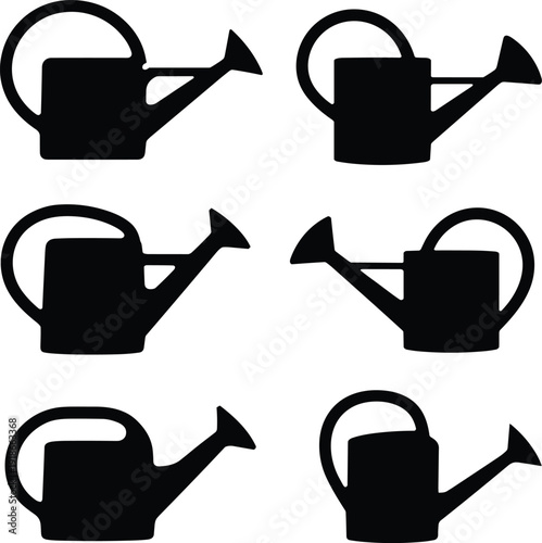 Black silhouettes of watering cans in various positions