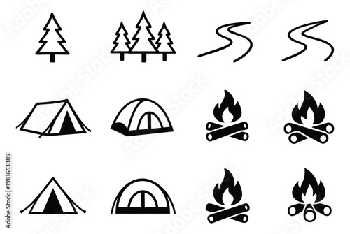 Hand drawn camping and outdoor elements set featuring pine trees, tents, winding paths, and campfires for adventure and nature designs