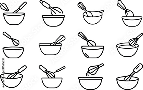 Kitchen Utensils in Action: A series of elegant line drawings depicting the simple act of preparing dishes in a bowl, with attention to culinary tools such as whisk and spoon.