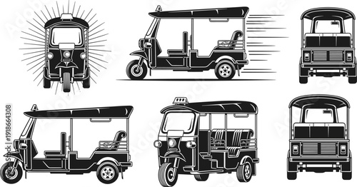 Black and white auto rickshaw vector illustration set traditional tuk tuk taxi vehicle transport icon collection isolated on white background