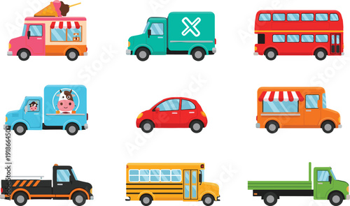 Cartoon vehicle set colorful transport collection ice cream truck delivery van double decker bus school bus pickup flatbed vector illustration