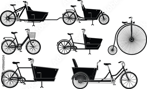 Cargo bicycle collection black silhouette vector set vintage and modern bikes isolated transport icons delivery cycle illustration bundle design