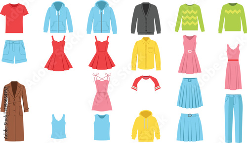 Women Clothing and Fashion Apparel Icon Set with Dresses, Jackets, Sweaters, Skirts, Pants and Casual Outfit Vector Collection