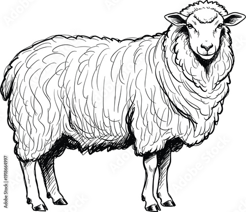 Black and white vector line art illustration of a woolly sheep standing in profile for farm agriculture organic livestock and country lifestyle branding