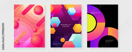 Set of three modern posters featuring soft pink bubbles dark purple hexagons and vibrant colorful circle segments