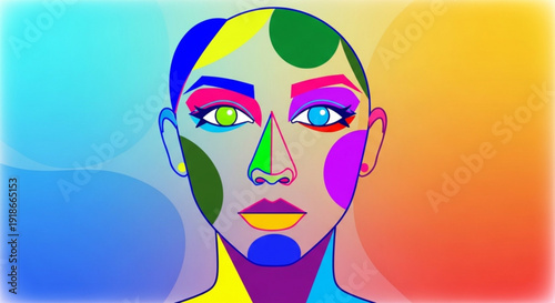 Vibrant colorful illustration of a woman's face with abstract makeup and a rainbow background