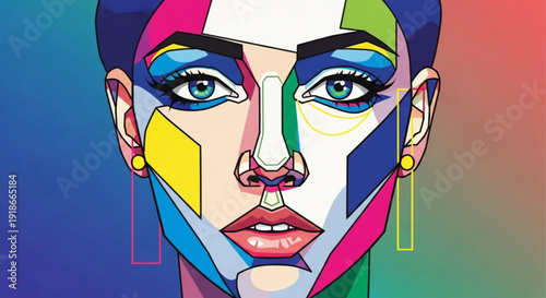 Vibrant woman face with colorful geometric makeup and gradient background