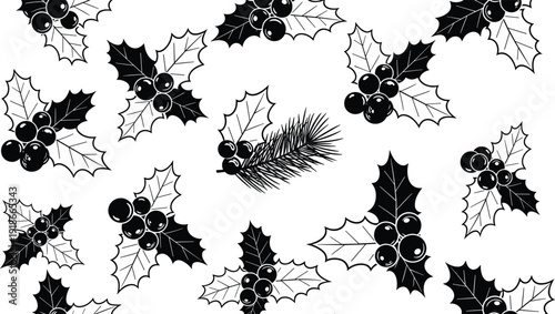 Black and white vector silhouette pattern of festive holly berries leaves and pine branches for Christmas holiday decoration and winter season greeting branding (