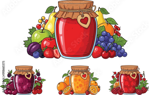 Fruit jam jar vector illustration set, homemade berry and citrus marmalade with fresh fruits, sweet dessert preserve food collection