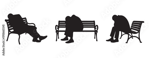 Depressed man sitting alone on park bench silhouette. Loneliness, Mental health and Emotional struggle concept.