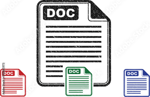 DOC File Document Icon Set with Text Page Format Symbols in Red, Green, Blue and Black for Office and Digital File Management