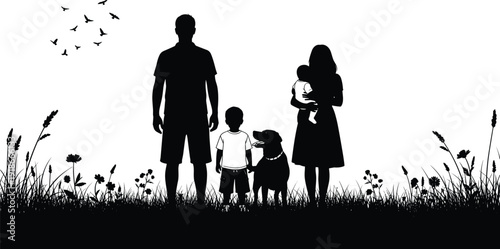 Black vector silhouette of a young family with a baby and dog standing in a flower meadow with birds flying for nature lifestyle branding