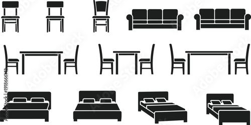 Home furniture silhouettes set including double beds, dining tables with chairs, sofas, and office seating, cad drawing flat vector illustration.
