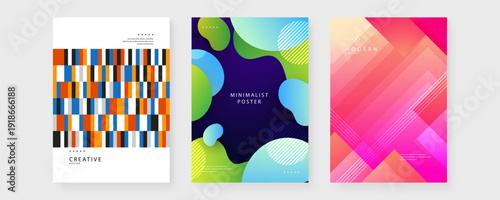 Set of three contemporary posters featuring pixel art patterns, liquid fluid blobs, and slanted pink gradient stripes for professional use