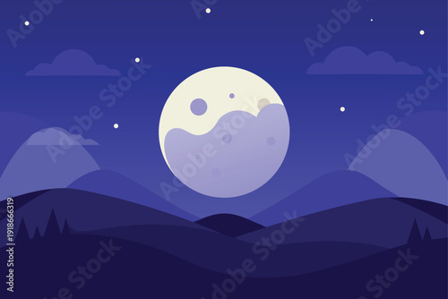 Minimalist Vector Illustration of a Serene Full Moon Landscape with Dark Night Sky and Tranquil Nature Scenery