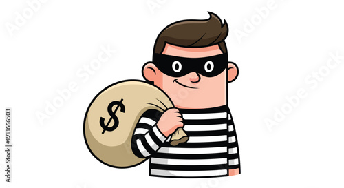 Cartoon illustration of a smiling thief wearing a black mask and striped shirt carrying a money bag with a dollar sign on a white background.