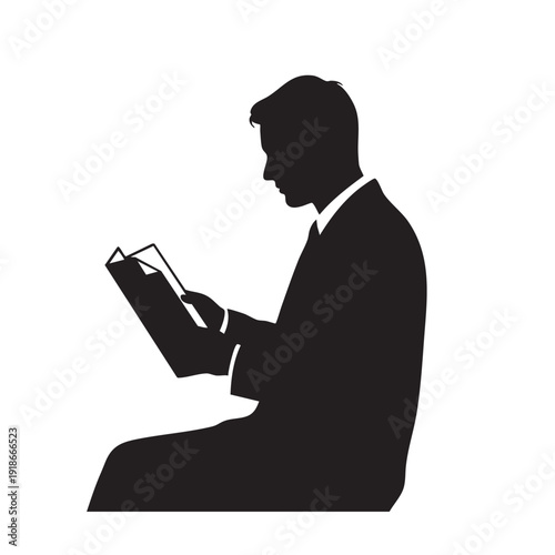 Man reading book vector black silhouette, male character absorbed in literature, sitting figure with book in hands, side profile of person engaged in quiet study