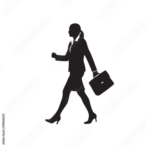 Businesswoman walking with briefcase vector black silhouette, female professional in suit with bag, confident woman on her way to work, elegant and determined
