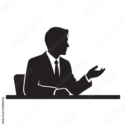 Executive male silhouette sitting at desk during business interview or negotiation process showing man in formal suit gesturing with hand while talking at office table in black and white vector sign