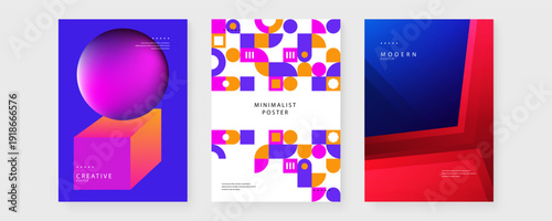 A versatile set of posters featuring 3D spheres and cubes, abstract Bauhaus patterns, and bold red blue gradient layers