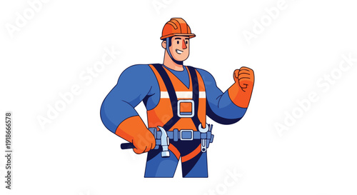 A cartoon construction worker in a blue uniform and orange safety gear poses confidently with one fist raised against a plain white background.