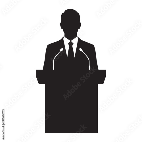 Professional speaker silhouette at podium with microphones for business conference or political speech presentation in formal suit standing behind lectern on white background for corporate event sign