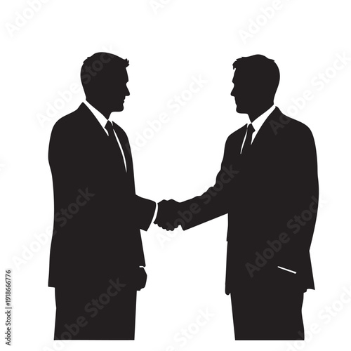 Two businessmen shaking hands in agreement silhouette, representing business deal success, partnership, and corporate handshake illustration symbolizing trust and collaboration.