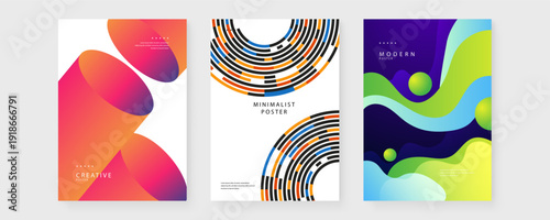 A collection of three diverse poster designs featuring 3D cylinders circular lines and liquid fluid shapes