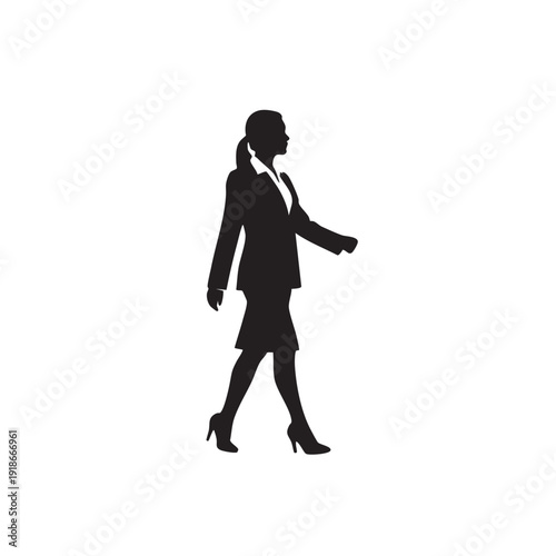 Businesswoman walking silhouette in confident stride wearing formal suit and high heels representing career advancement female leadership empowerment and professional movement in corporate world