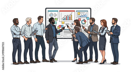 Illustration of a diverse business team gathered around a presentation on a whiteboard with various charts and graphs in a professional setting.