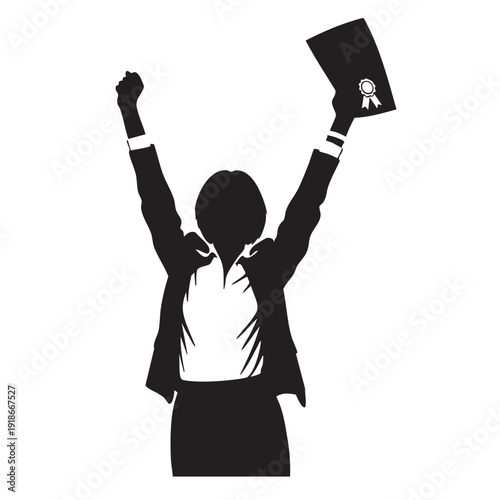 Woman in business attire holding a certificate with a ribbon seal, raising both arms in victory, celebrating success, back view silhouette on white background